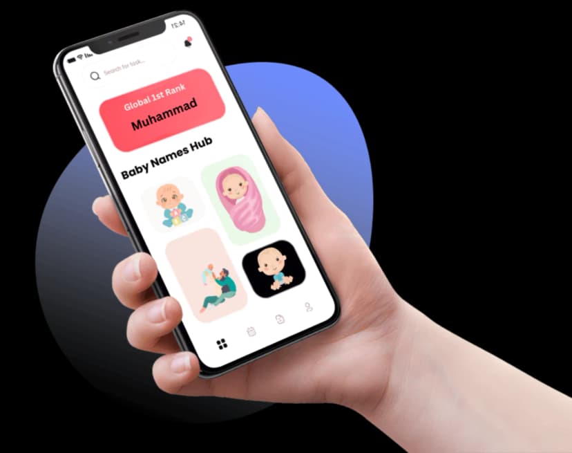 A hand holding a smartphone with an app interface on the screen.